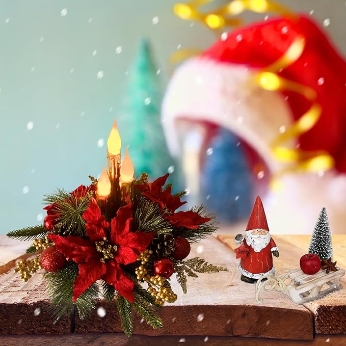 Christmas Decorations,Christmas Floral Arrangement Centerpiece for Table, Golden Flameless Candles Red Poinsettia Flower Golden Pine Cones Berries and Ball Ornaments Holiday Winter Decorations