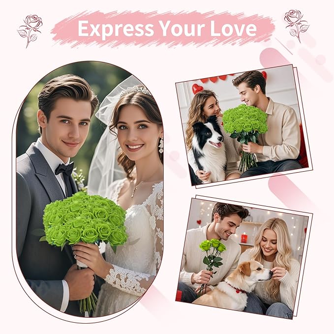 52 PCS Green Artificial Roses Bulk, Fake Artificial Flowers Bridal Bouquet Silk Faux Rose with Stems for Wedding Flowers Decoration, Valentine's Day, Bridal Bouquet, Anniversary, Home Decor (52PCS)