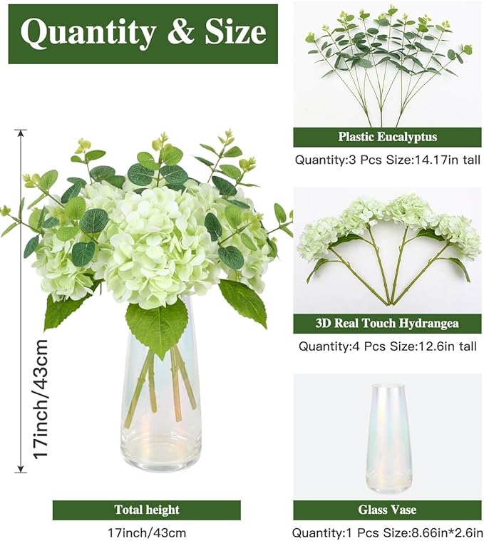 Tifuly 4pcs Fake Hydrangea with Vase - 3D Real Touch Faux Hydrangea Flowers with 3pcs Eucalyptus Stems for Wedding Centerpiece Home Party Table Decoration（Green）