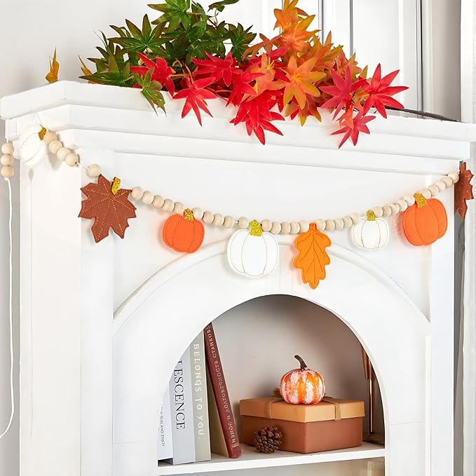 Fall Decorations for Home Felt Pumpkin Garland and Wood Bead Felt Pumpkins Hanging Garland Maple Leaf Banner for Thanksgving Decorations Indoor Fall Harvest Festival Halloween Wall Decor (8.2ft)