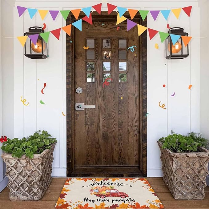 Fall Welcome Maple Leafs Decorative Door Mat, Autumn Thanksgiving Doormat for Indoor Outdoor Entrance Floor Mats,Fall Pumpkins Non Slip Harvest Vintage Decor Rubber Welcome Mats 30" x 18" Inch