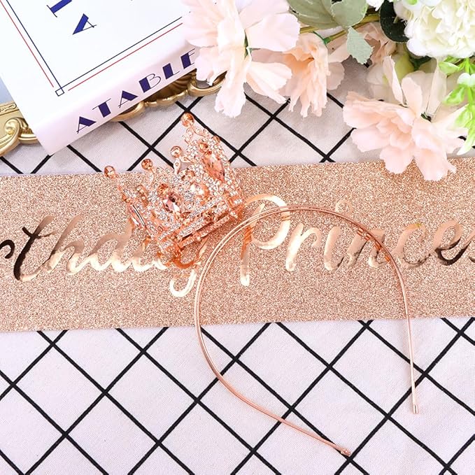 Birthday Princess Sash for Women Tiara & Crowns Headbands for Girls Happy Birthday Party Accessories Favor Supllies Leona Rose Gold Pink, 2 Pack
