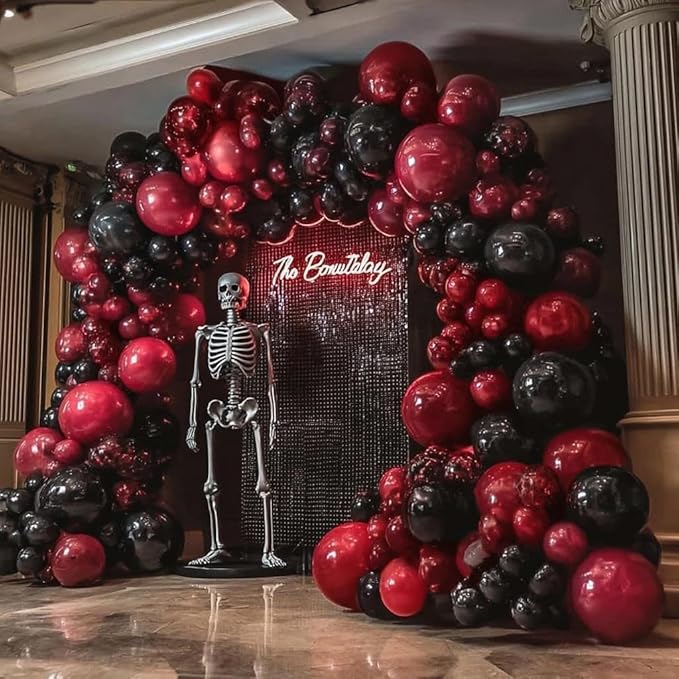 Black Red Balloon Arch Double Stuffed Black Burgundy Maroon Balloons Dark Ruby Red Metallic Balloon Garland Kit for Birthday Wedding Halloween Casino Anniversary Graduation Party Decoration