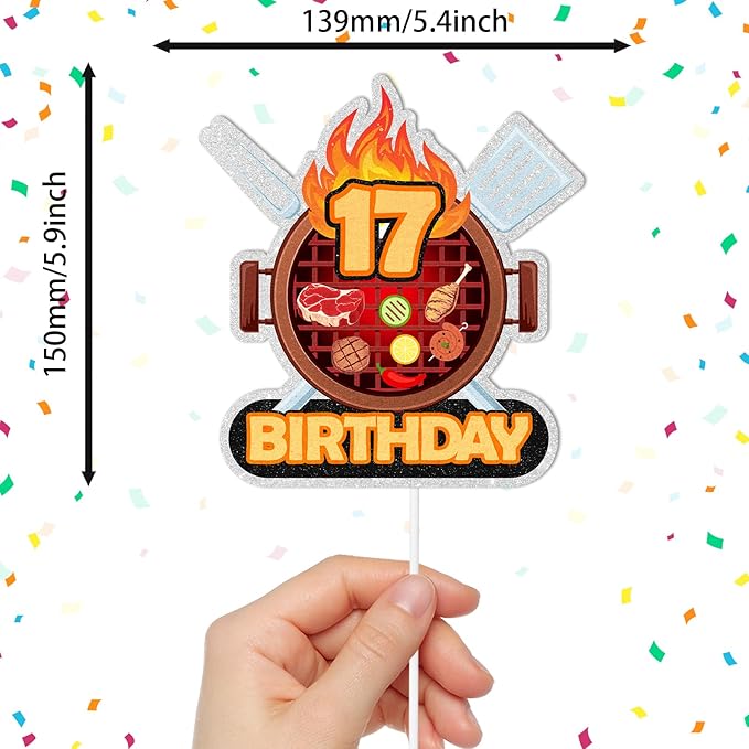 Barbecue Cake Topper BBQ Theme 17th Birthday Happy Sausage Kebab Decoration, Boy and Girl Birthday Party, Summer Outdoor Picnic Party, Anniversary Friend Family Gathering Cooking Grill Decoration