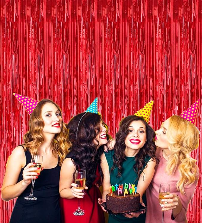 2 Pcs 3.2ft x 8.2ft Shiny Red Metallic Tinsel Foil Fringe Curtains Photo Booth Backdrop for Birthday Wedding Holiday Celebration Bachelorette Party Decorations