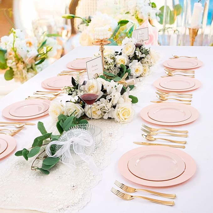 FLOWERCAT 60PCS Pink Plastic Plates - Heavy Duty Pink Plates Disposable for Easter Party/Mother's Day/Wedding - serving 30 guests Include 30PCS 10.25inch & 30PCS 7.5inch