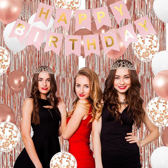 18th Birthday Decorations for Girls, Rose Gold 18th Birthday Party Set with Crown, Sash, Cake Topper, Balloons, Banner, Fringe Curtains - Perfect 18th Birthday Party Supplies