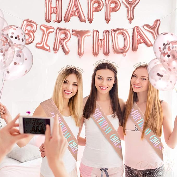 CAVETEE Birthday Girl Crown and Sash， Princess Tiara Happy Birthday Headband Party Accessories for Women and Girls