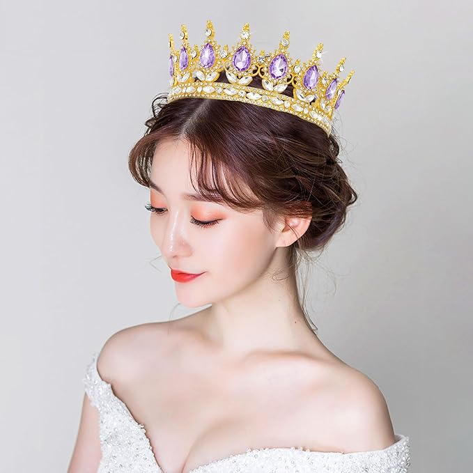 Queen Rhinestone Wedding Crown and Tiara for Women - Costume Party Hair Accessories, Princess Birthday Crystal Bridal Crown (Golden Purple)