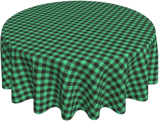 Round Checkered Vinyl Christmas Tablecloth with Flannel Backing 70 Inch, Waterproof Wipe Clean Buffalo Plaid Plastic Table Cloth, Heavy Table Cover for Party, Indoor, Outdoor, Green and Black