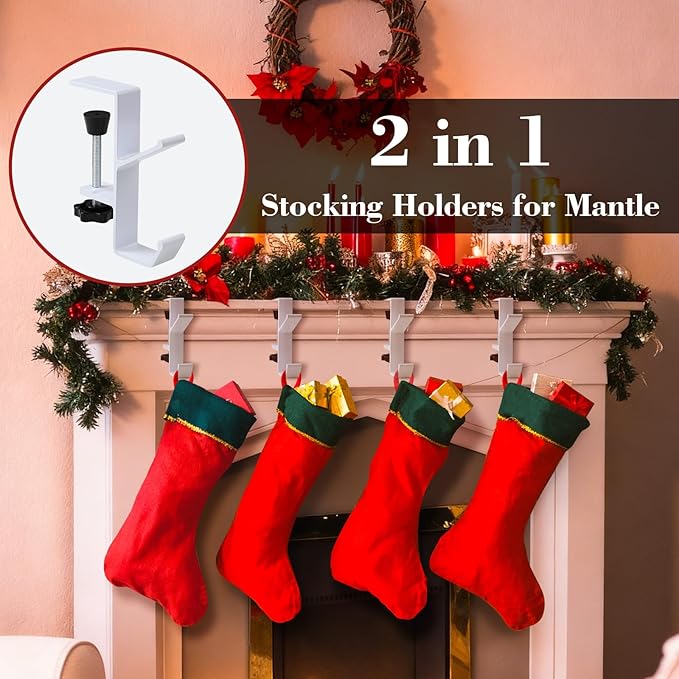 4 Pack Stocking Holders for Mantle for Christmas Decorations,2 in 1 Mantle Garland Holder for Hanging Christmas Stockings,No Drilling Required & Adjustable Garland Hanger, Metal(White)