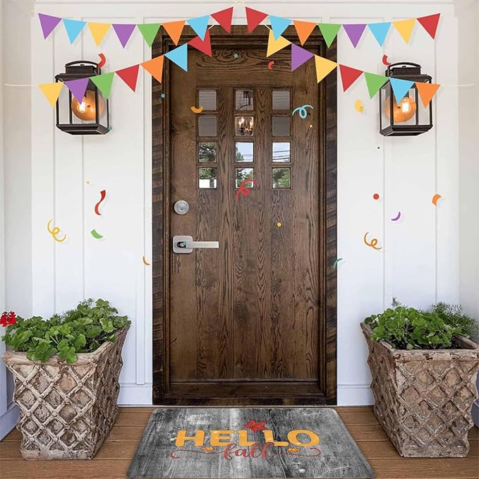 Hello Fall Door Mat Fall Maple Leaves Welcome Doormat, Seasonal Harvest Thanksgiving Vintage Rustic Low-Profile Floor Switch Mat for Indoor Outdoor