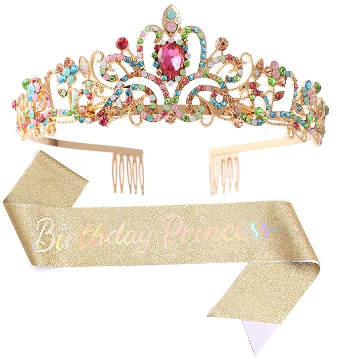 Birthday Tiara and Crown with Sash for Women, Hair Accessories for Wedding Party Costume (C - Multicolor)