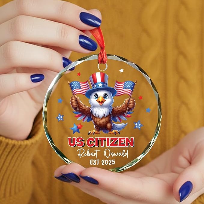 Novelty Owl US Citizen Glass Xmas Ornament Gift for New U.S. Citizenship, Personalized Year Name New American Citizen Christmas Ornament 2025, Custom USA Citizens Hanging Ornament Gift for Patriotic