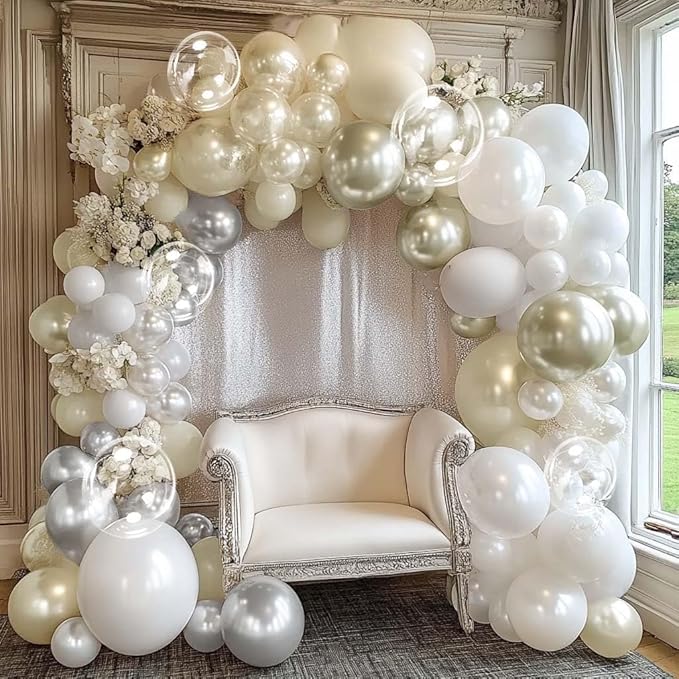 White Balloon Arch Double Stuffed Sand White Gold Pearl Bobo Balloons Light Gold Silver Latex Balloon Garland for Birthday Wedding Baby Shower Bridal Shower Baptism Party Decor