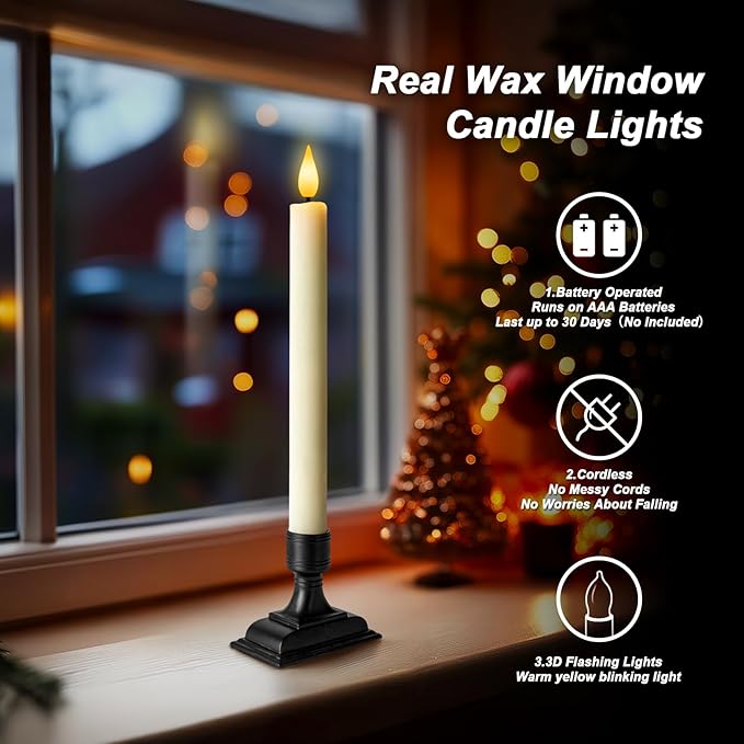 Homemory Real Wax Window Candles with Remote Timer Dimmer, Flameless Taper Candles with Holders, Christmas Candle for Window Battery Operated, LED Candlesticks for Home Holiday Decor,6 Pcs Ivory