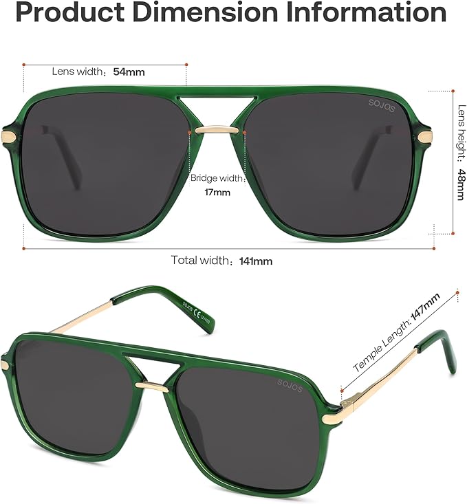 SOJOS Sunglasses for Women & Men, Square, Retro, Polarized Lens, Trendy Aviator, 90s Shades