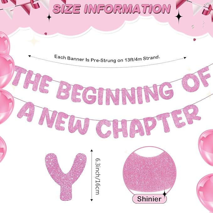 Fulmoon Pre Strung the Beginning of a New Chapter Banner, Glitter Graduation Party Decorations, Happy Retirement Supplies, Going Away Farewell New Home Job Change Party Sign Garland(Pink)