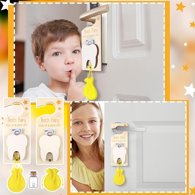 Tooth Fairy Holder Bag Hanger with Money Slot Keepsake Bottle Velvet Pouch Tooth Fairy Box Encourage Gift for Lost Teeth Boy Girl Milk(Classic,Yellow)