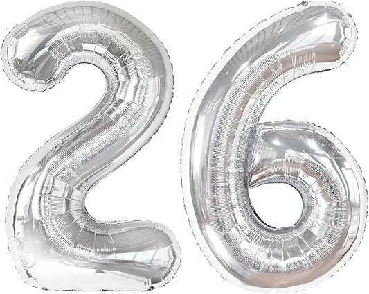 40 Inch Silver Mylar Foil Number 26 Birthday Balloon, Digital Balloons for 26 Boy Girl Party Decorations Supplies, Big Helium Balloon Numbers for 26 Men Women Anniversary