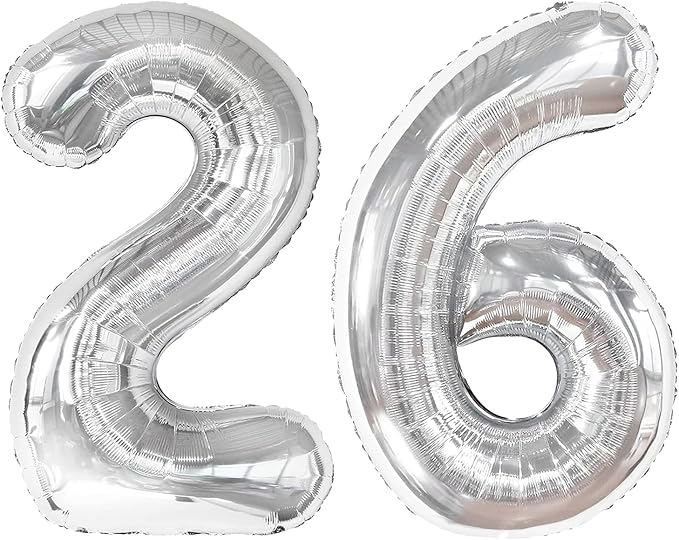 40 Inch Silver Mylar Foil Number 26 Birthday Balloon, Digital Balloons for 26 Boy Girl Party Decorations Supplies, Big Helium Balloon Numbers for 26 62 Men Women Anniversary