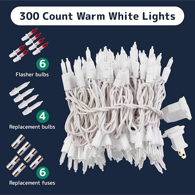 PREXTEX 300 Count Clear Christmas Tree Lights with White Wire - 60 ft Warm White Twinkle Lights for Indoor or Outdoor Use - Holiday Fairy String Lighting for Christmas Trees, Patios, and More