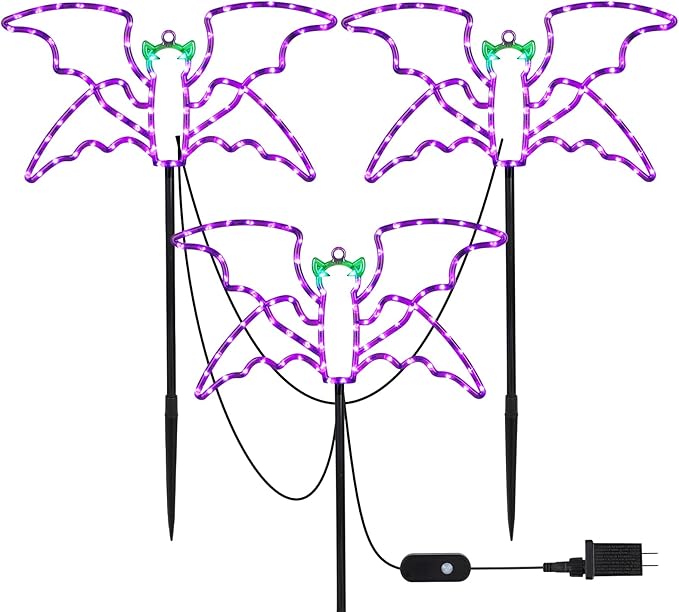 Halloween LED Bat Lights 3 Pack, Hanging or Stakeable Indoor & Outdoor Halloween Decor, 4 Light Modes, Timer Function, Perfect Yard & Party Decorations