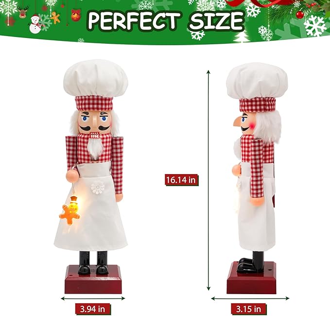 16" Lighted Chef Nutcracker with Music, Festive Christmas Decoration, Nutcracker Collectible Christmas Decor for Tabletop, Shelves, and Fireplace Mantel (Chef)
