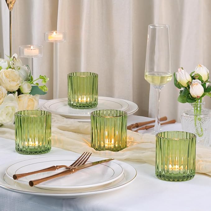 Green Large Votive Candle Holder Set of 8, Tea Lights Candle Holders for Wedding Table Centerpieces, Boho Decor, Home Dinner Birthday Party Decor, Bridal Shower and Holiday Decorations