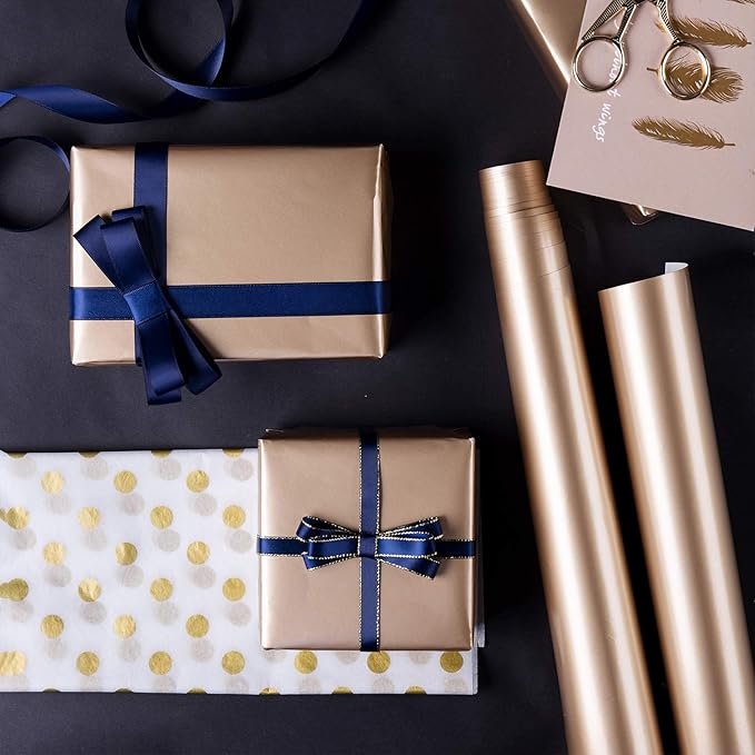 WRAPAHOLIC Navy Wrapping Paper Set - Gold and Navy Wrapping Paper Bundle with Gift Bow & Ribbon & Tag & Sticker, Perfect for Christmas, Birthday, Holiday, Father's Day, Baby Shower