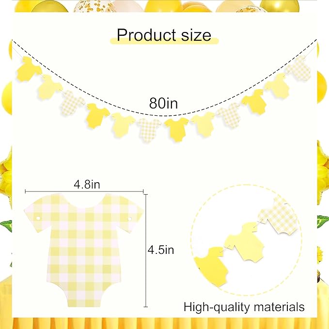 Yellow Bodysuit Banner - Baby Shower Decoration Gingham Banner,Baby Bodysuit Gender Reveal Party (Yellow)