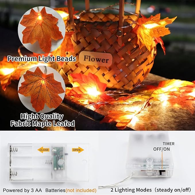 Fall Decorations Leaves Garland with Lights,Home Maple Leaf String Lights Orange-red 2 Pack 40FT 80LED Battery Operated with Timer,for Autumn Harvest Table Fireplace Porch Thanksgiving Indoor Decor