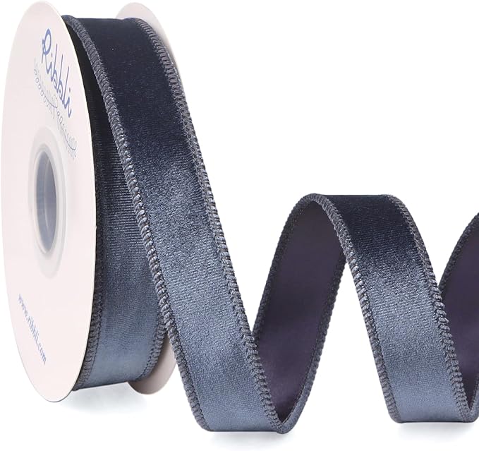 Ribbli Dusty Blue Velvet Wired Ribbon 1 Inch Velvet with Satin Christmas Ribbon for Gift Wrapping Christmas Tree Decoration Crafts Wreaths Supplies-Continuous 10 Yards