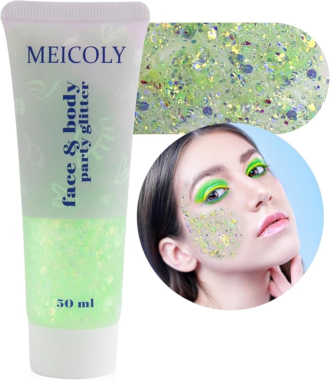MEICOLY Lime Green Body Glitter,Chunky Chameleon Face Glitter for Halloween Alien Makeup,Color Changing Mermaid Face Glitter Gel,Holographic Glitter for Face Body Hair,Festival Party Cheer Glitter
