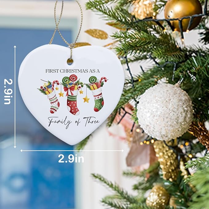 First Christmas as Family of Three Ornament Babys First Christmas Ornament Boy Girl New Parents Gifts for Couple Him Her Husband Wife Family Christmas Heart Ceramic Xmas Tree Ornament Decorations
