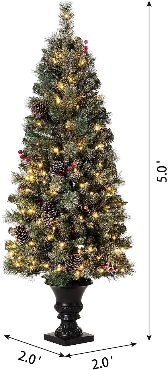 Glitzhome 5ft Pre-Lit Flocked Christmas Tree with Red Berries and Pine Cones, 130 Warm White Lights, 372 PVC & Pine Needle Mixed Tips, Potted Christmas Tree for Porch Home Holiday Decor