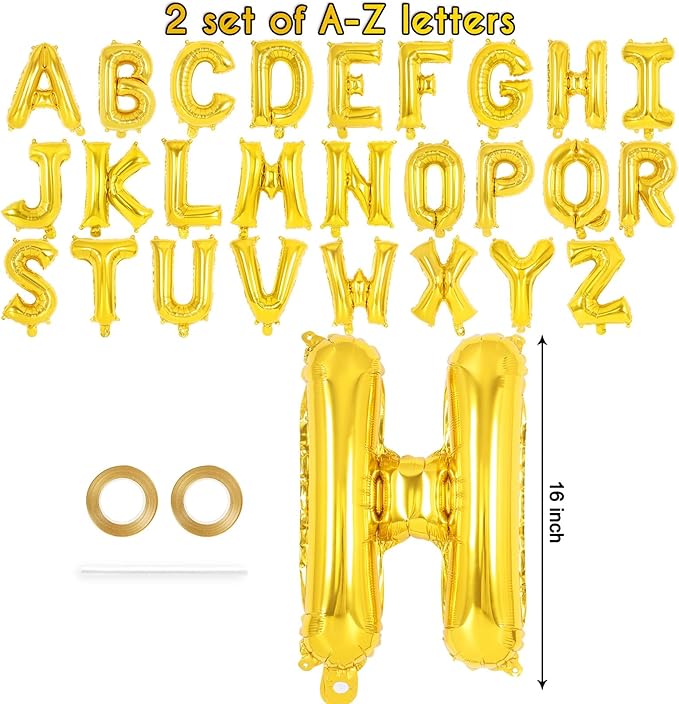 52 Pcs Gold Letter Balloons,16 Inch Foil Alphabet Letter Balloons,Letter A-Z Balloons Banner Custom Phrase Balloons for Birthday Party Wedding Anniversary Decoration (Gold 2 Set)