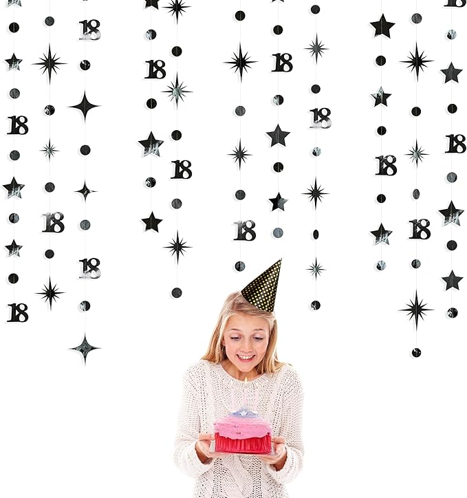 Black 18th Birthday Decorations Number 18 Circle Dot Twinkle Star Garland Metallic Streamer Banner Backdrop for Girls Boys Happy 18th Birthday Time to Adult Cheers to 18 Years Old Anniversary Party
