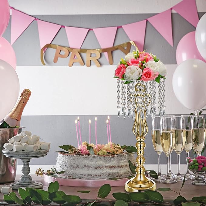 16 Pcs Wedding Centerpieces for Tables, Gold Silver Vase Centerpiece with Chandelier Crystal Metal Flower Stand, Tall Flower Vases for Wedding Party Home Decoration(Gold,21.3)