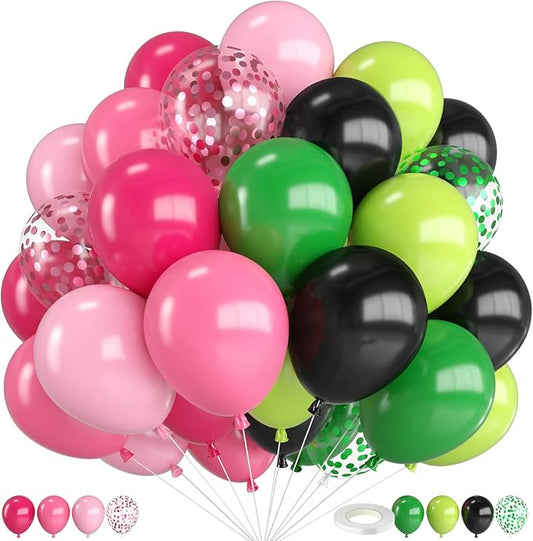 Pink Green and Black Balloons,12 Inch Hot Light Pink Dark Green Black with Confetti Balloon for Birthday Baby Shower Princess Witch Party Decorations
