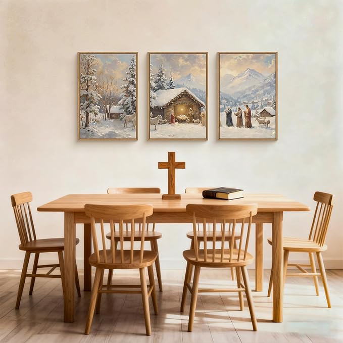 HOURIA Christian Christmas Nativity Framed Canvas Wall Art Set,Religious Mary Joseph & Jesus Christ Biblical Decor,Holy Family Star of Bethlehem Winter Artwork for Living Room,Church,Holiday-24"x36"x3