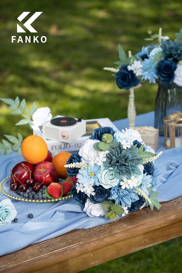 FANKO Rose Artificial Flowers Combo for DIY, Fake Blue Rose Silk Flowers Greenery, Faux Flowers for Wedding Bridal Bouquet, Baby Shower, Table Centerpieces, Floral Arrangement, Party Home Decoration