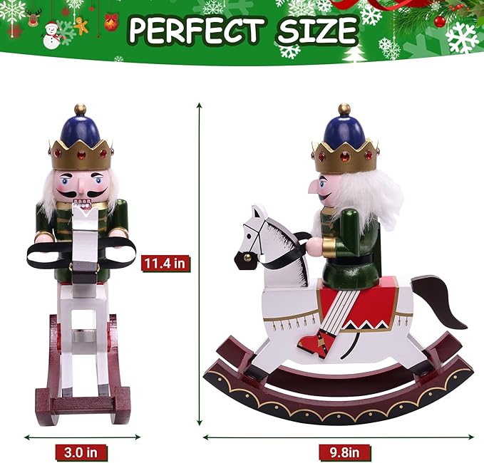 11" Wooden Rocking Horse Soldier Nutcracker, Festive Christmas Decoration, Handcrafted Nutcracker Collectible Christmas Decor for Tabletop, Shelves, and Fireplace Mantel