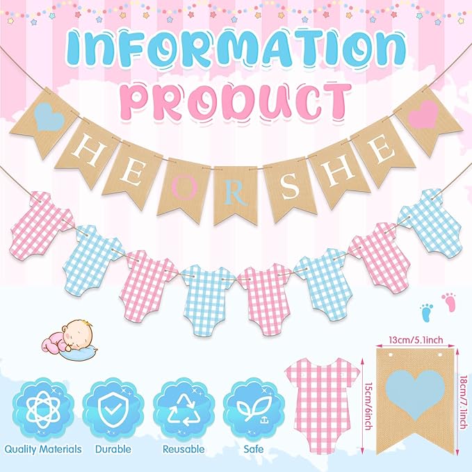 2 Pcs Gender Reveal Decorations Pre-strung He or She Burlap Banner Sign Glitter Baby Suit Bodysuits Banner Girl or Boy Garland for Gender Reveal Baby Shower Birthday Party Decorations