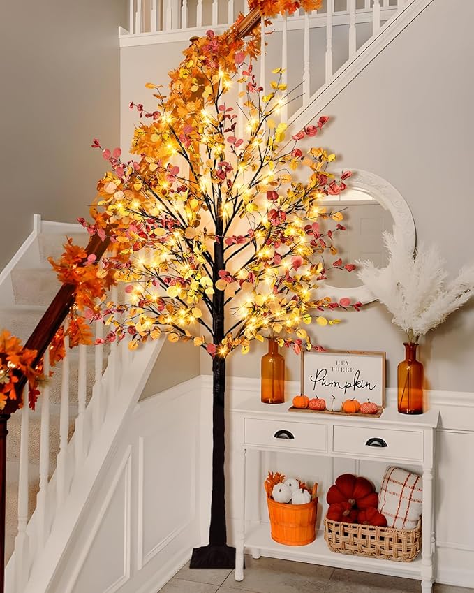 Lighted Fall Eucalyptus Tree, 7FT Faux Fall Tree with 128 Led Lights Artificial Autumn Light Up Eucalyptus Tree for Indoor Outdoor Harvest Fall Thanksgiving Decor