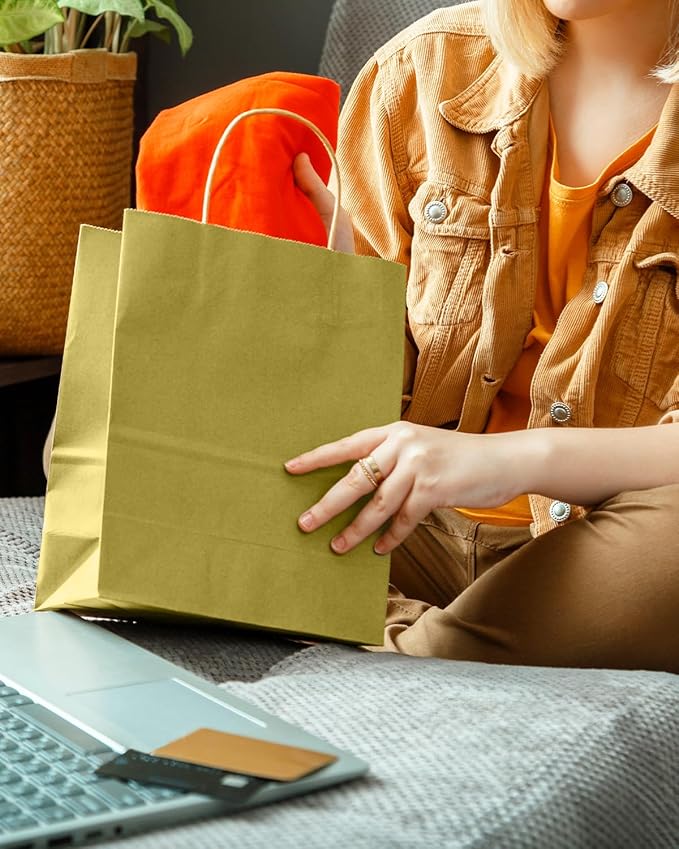 qiqee Grass Green Gift Bag with Handles Bulk 24Pcs Paper Bags -10.6"x8.3"x4.3"Party Favor Bags - Solid Color