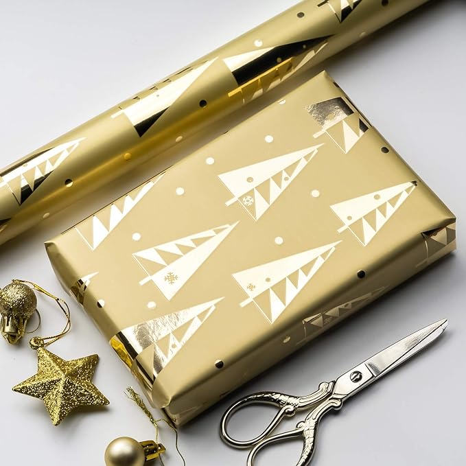 WRAPAHOLIC Green Christmas Wrapping Paper Set - Green and Gold Metallic Foil Shine Christmas Wrapping Paper Bundle with Gift Bow & Ribbon & Tag & Sticker