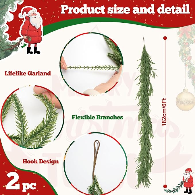 6Ft 2Pcs Artificial Norfolk Pine Garland Realistic Green Faux Greenery Garland for Christmas Table, Fireplace, Mantle, Window, Stairs, Indoor, Outdoor Holiday Decor