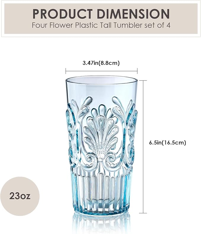 BELLAFORTE Shatterproof Plastic Tall Tumbler, Set of 4, 23oz - Unbreakable Drinking Glasses - Flower Beach Glasses Drinking for Gifting, Parties, Poolside, Home - Dishwasher Safe - BPA Free