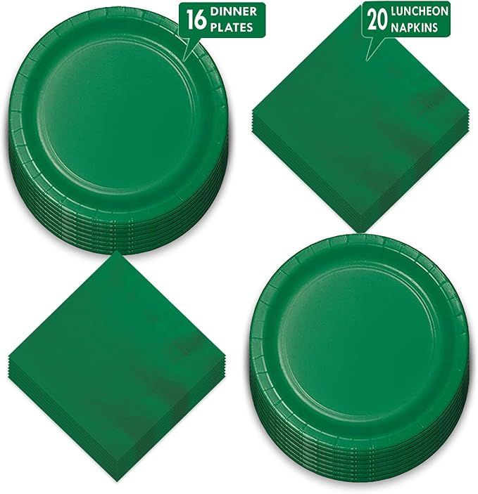 Emerald Green Paper Dinner Plates and Lunch Napkins - Solid Green Party Supplies for St. Patrick's, Mardi Gras, and Spring Parties (Serves 16)
